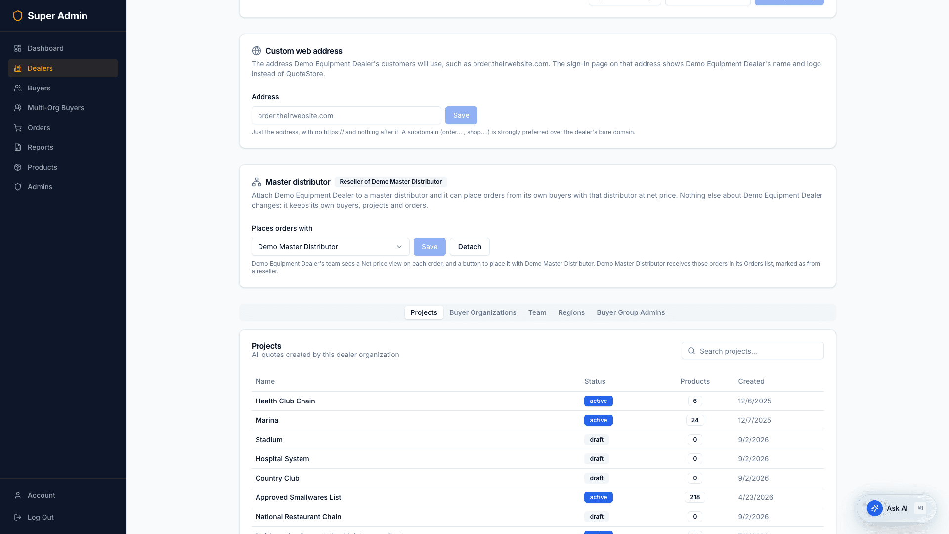 A dealer's custom web address, master distributor, and tabs