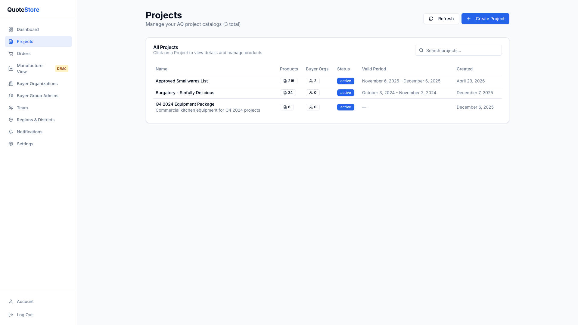 Dealer projects list