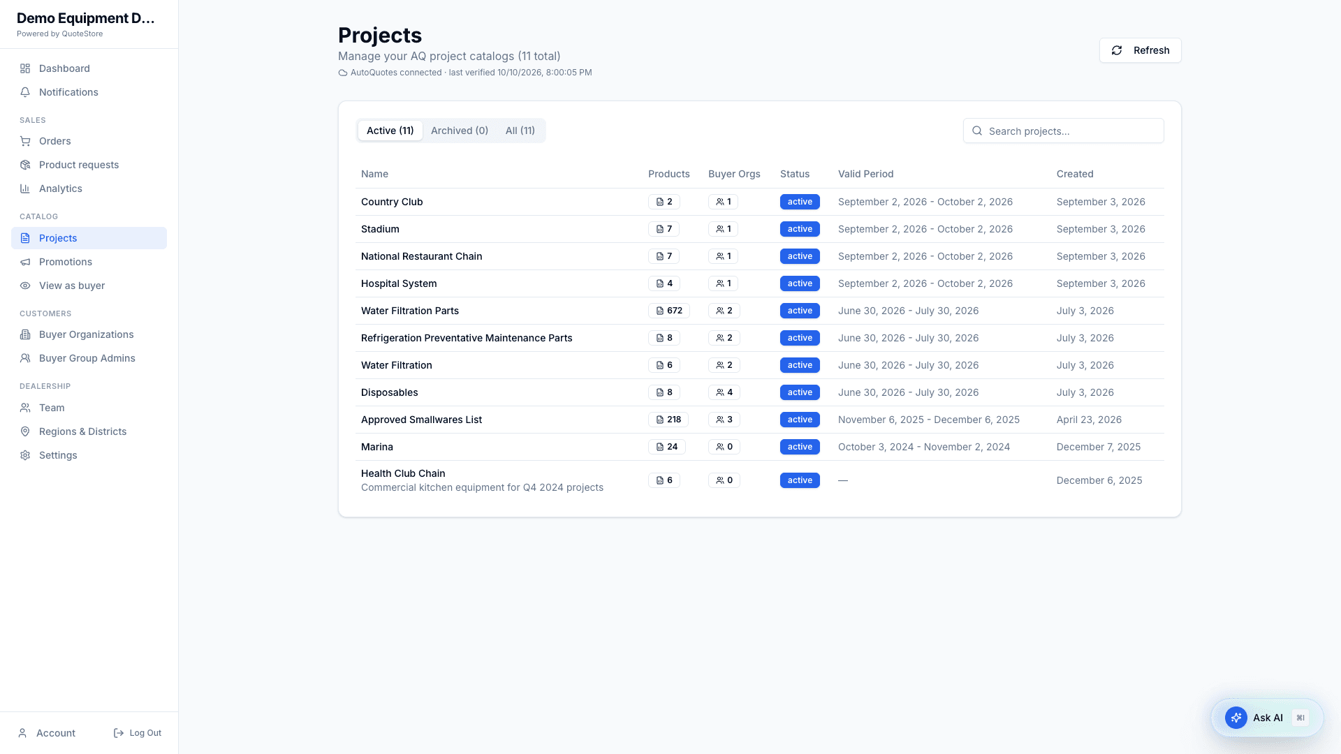 Dealer projects list