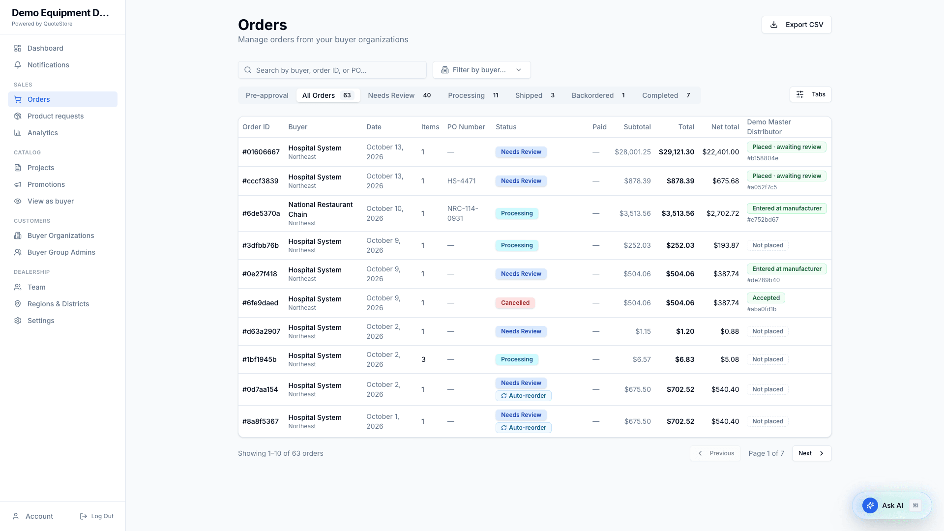 Dealer orders list