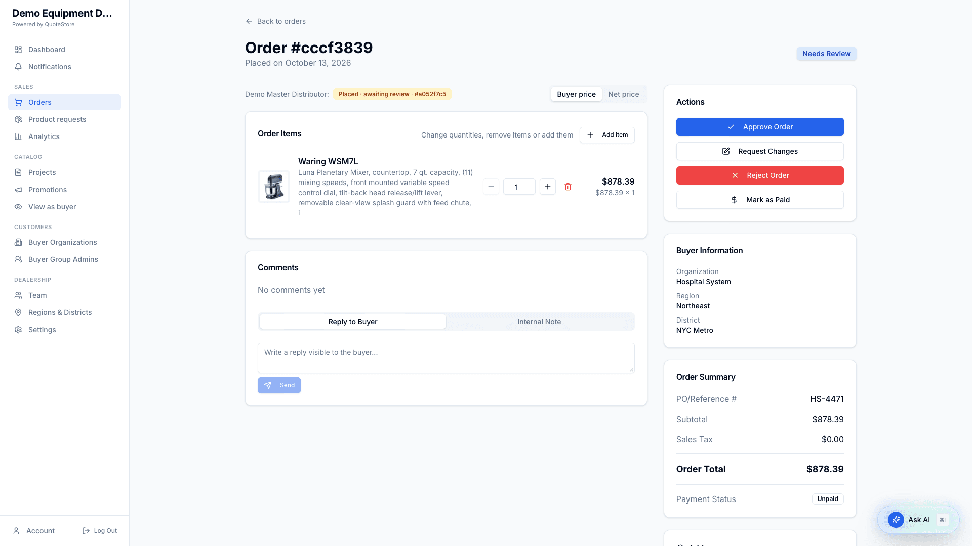 Dealer order detail