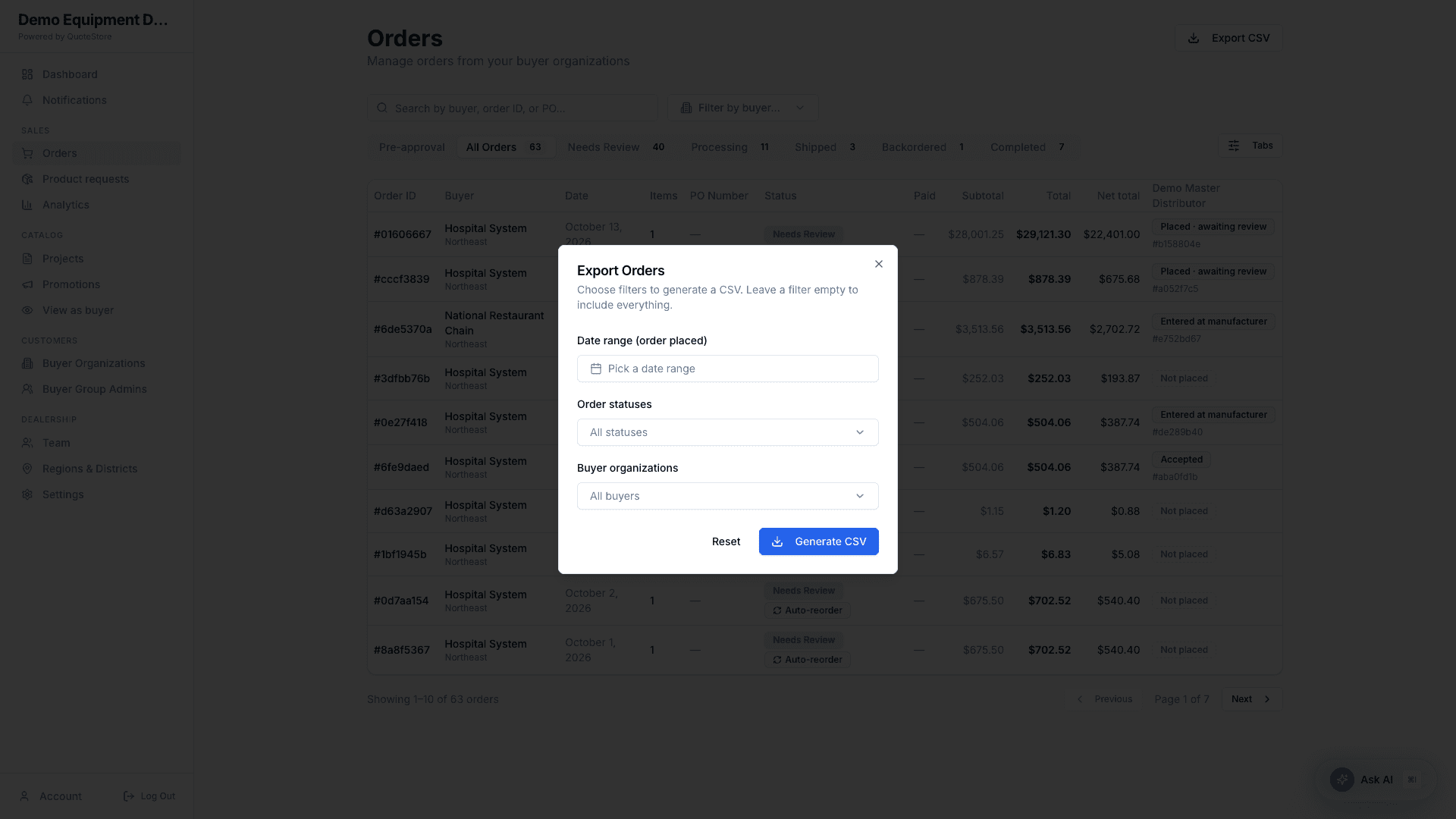 Export orders dialog