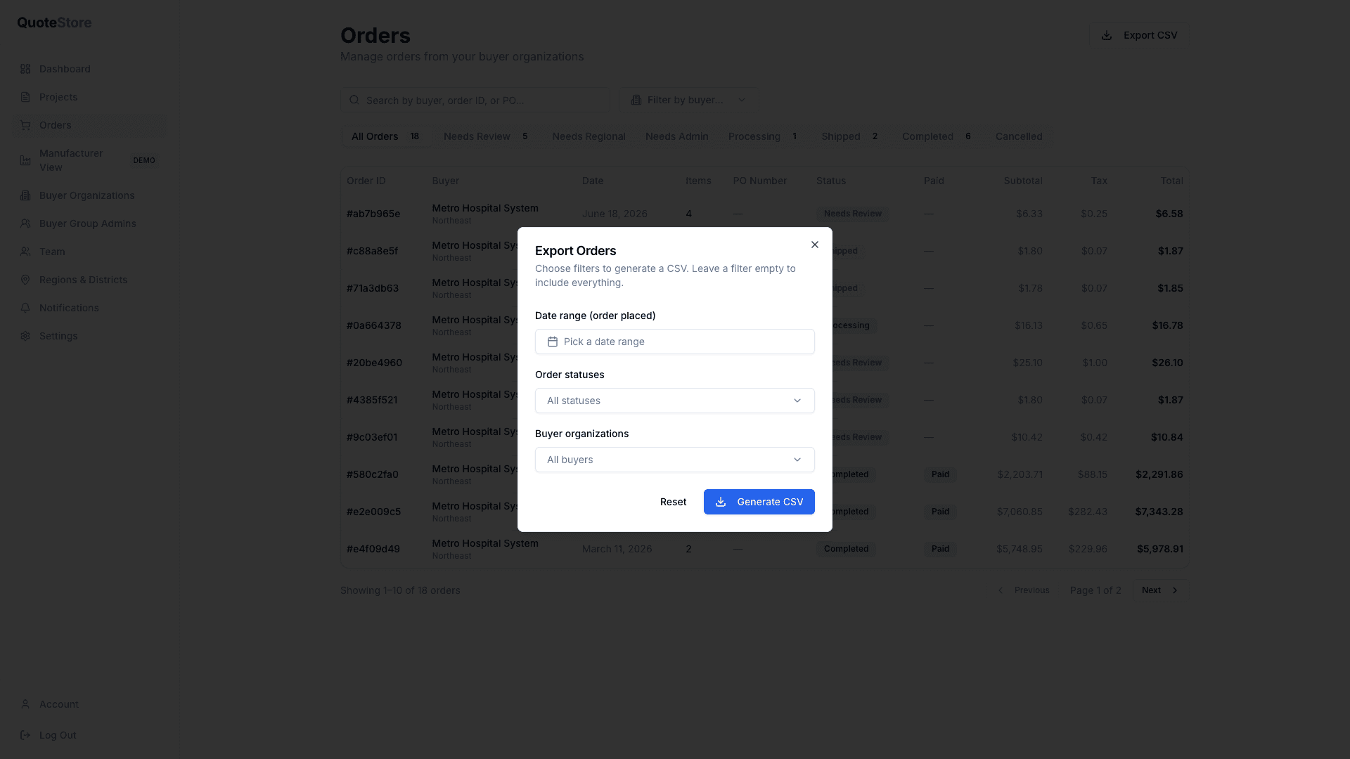 Export orders dialog