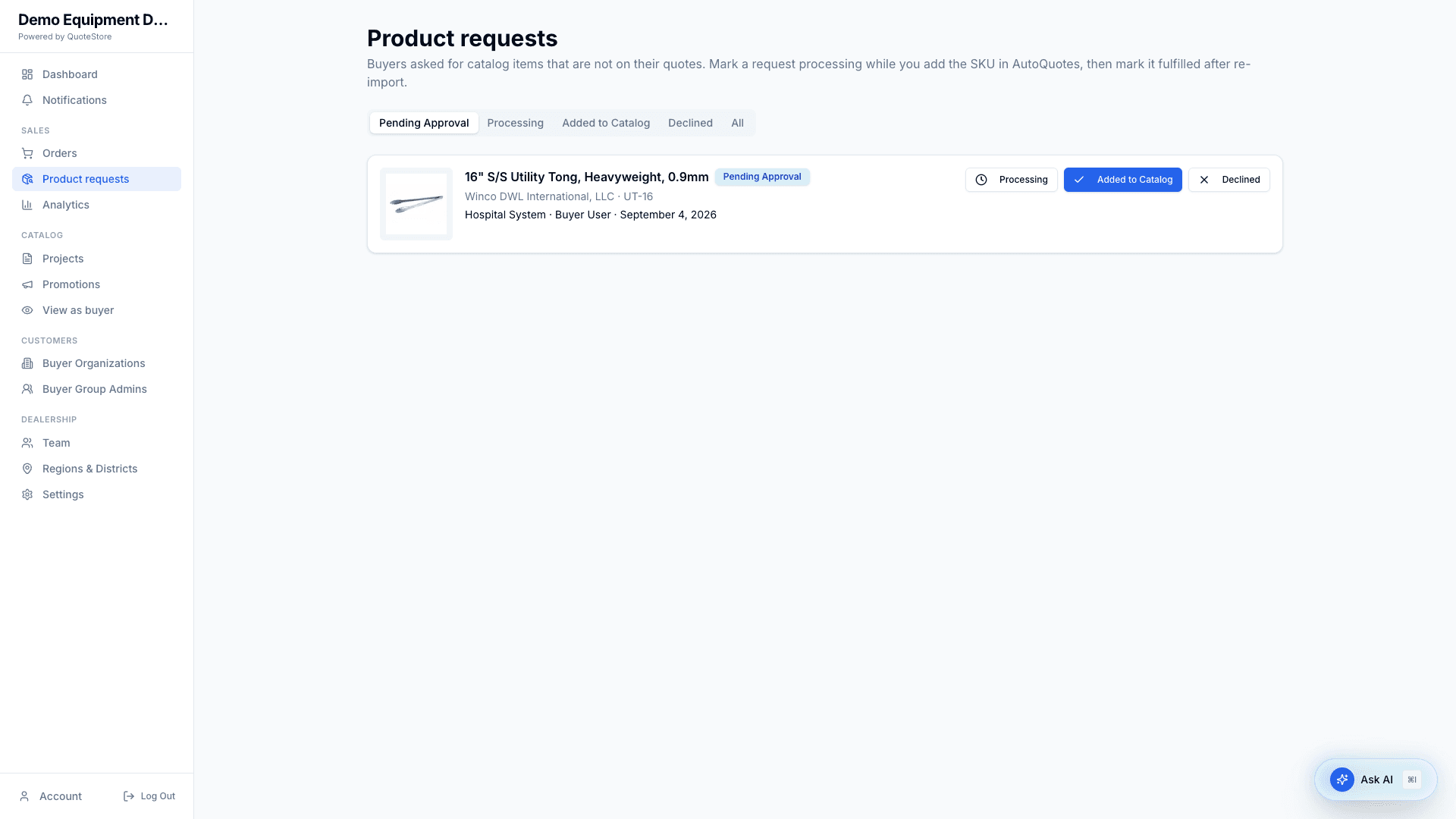 Dealer product requests