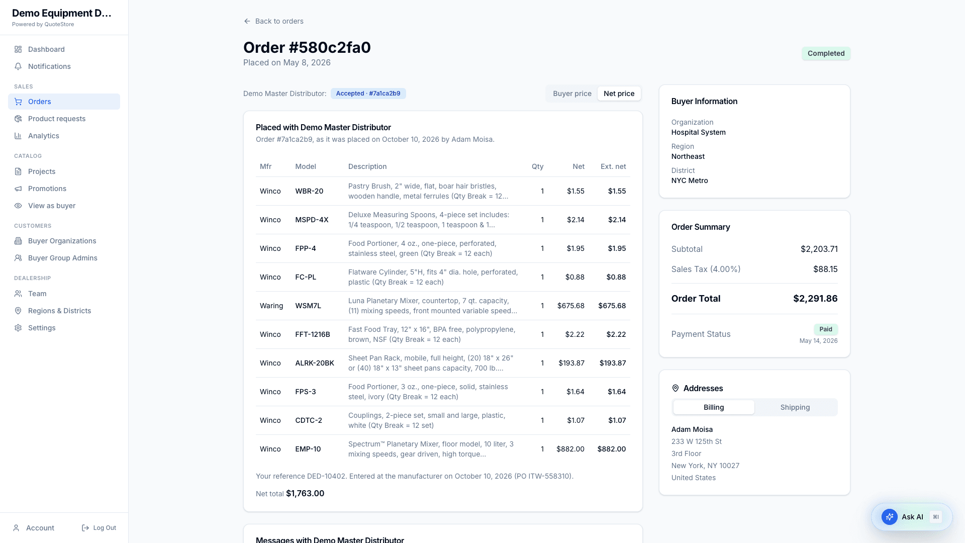 An order at net price, after placing it with the master distributor