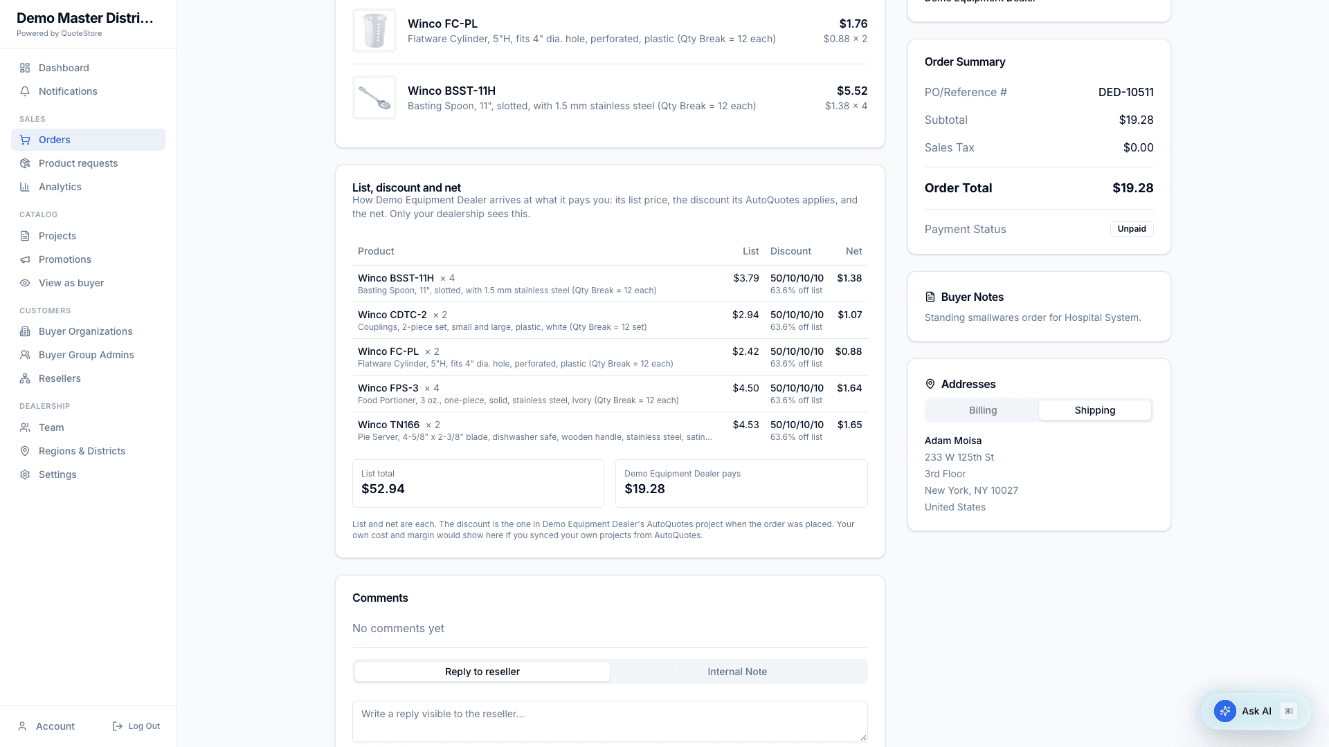 List, discount and net on a reseller order