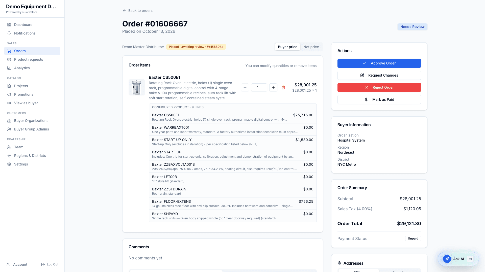 A configured product on an order, with each of its lines