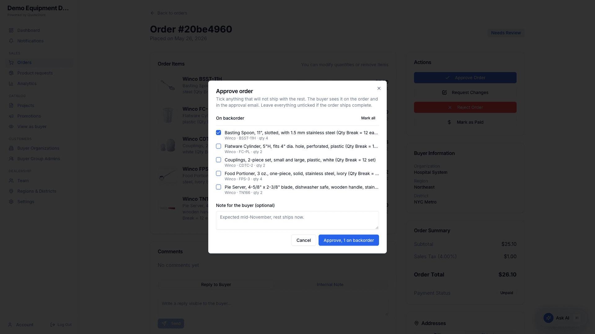 Approve an order with a line on backorder